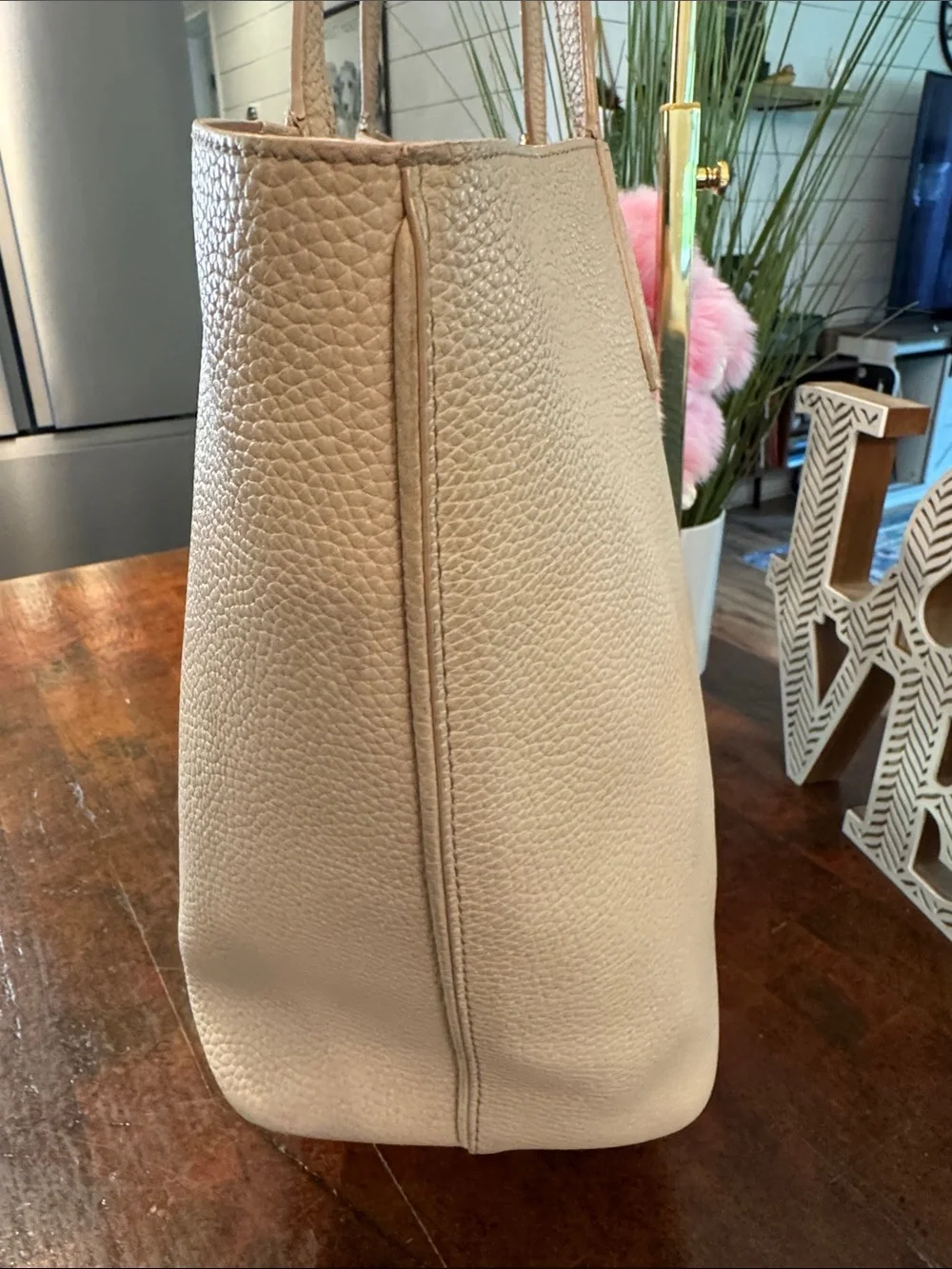 Tory Burch Pebbled Leather Tote with Pink Fur Charm